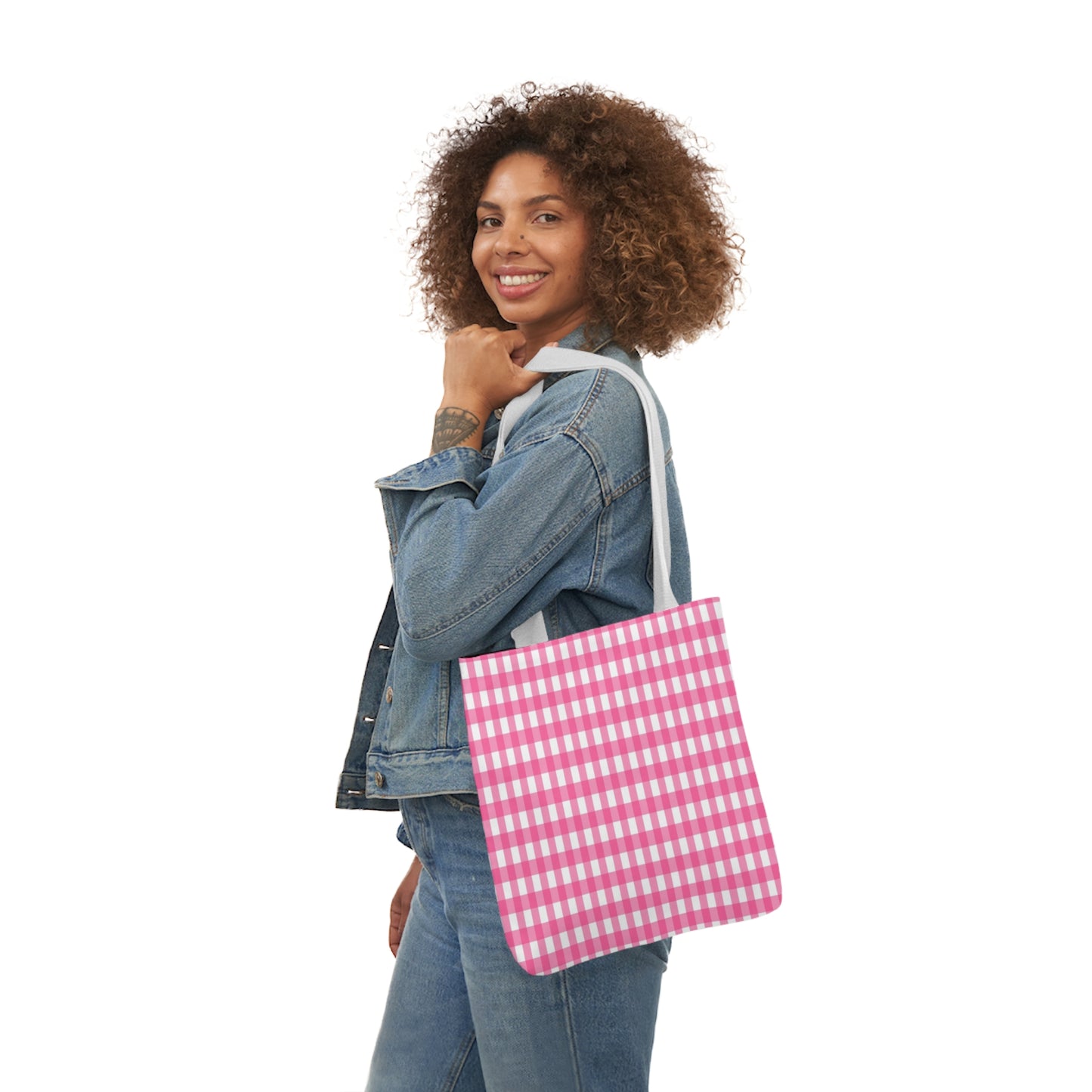 Pink Check Pattern Shoulder Tote Bag