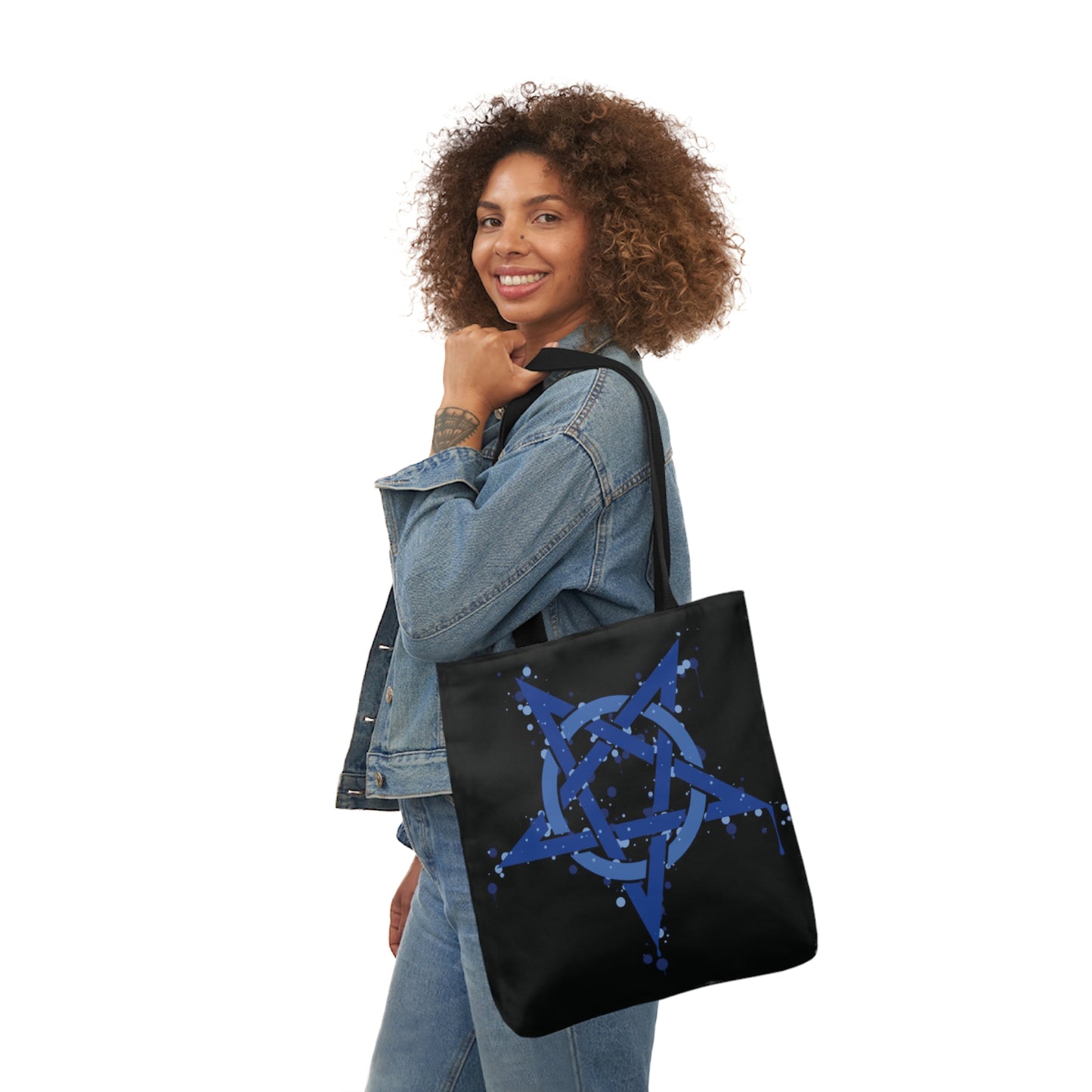 Blue Inverted Spotted Pentagram Shoulder Tote Bag