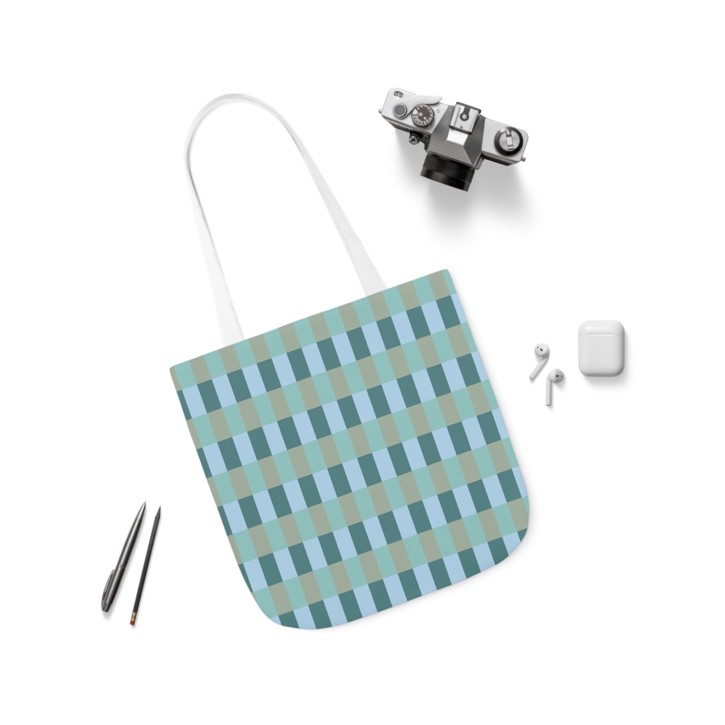 Blue And Green Gingham Check Pattern Shoulder Tote Bag