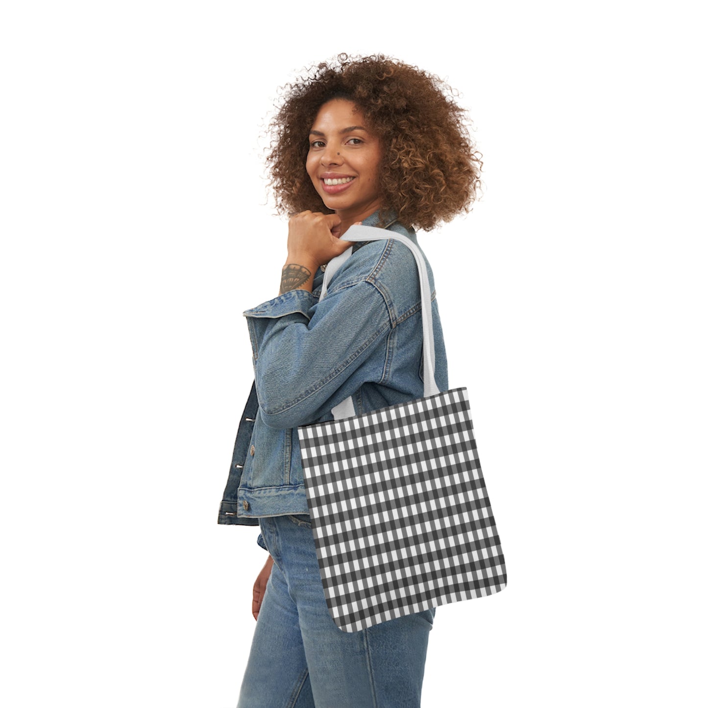 Grey And White Gingham Check Pattern Shoulder Tote Bag