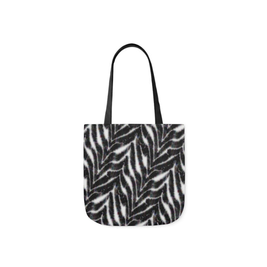 A canvas shoulder tote bag with a photographic design of zebra chevron stripe fur pattern