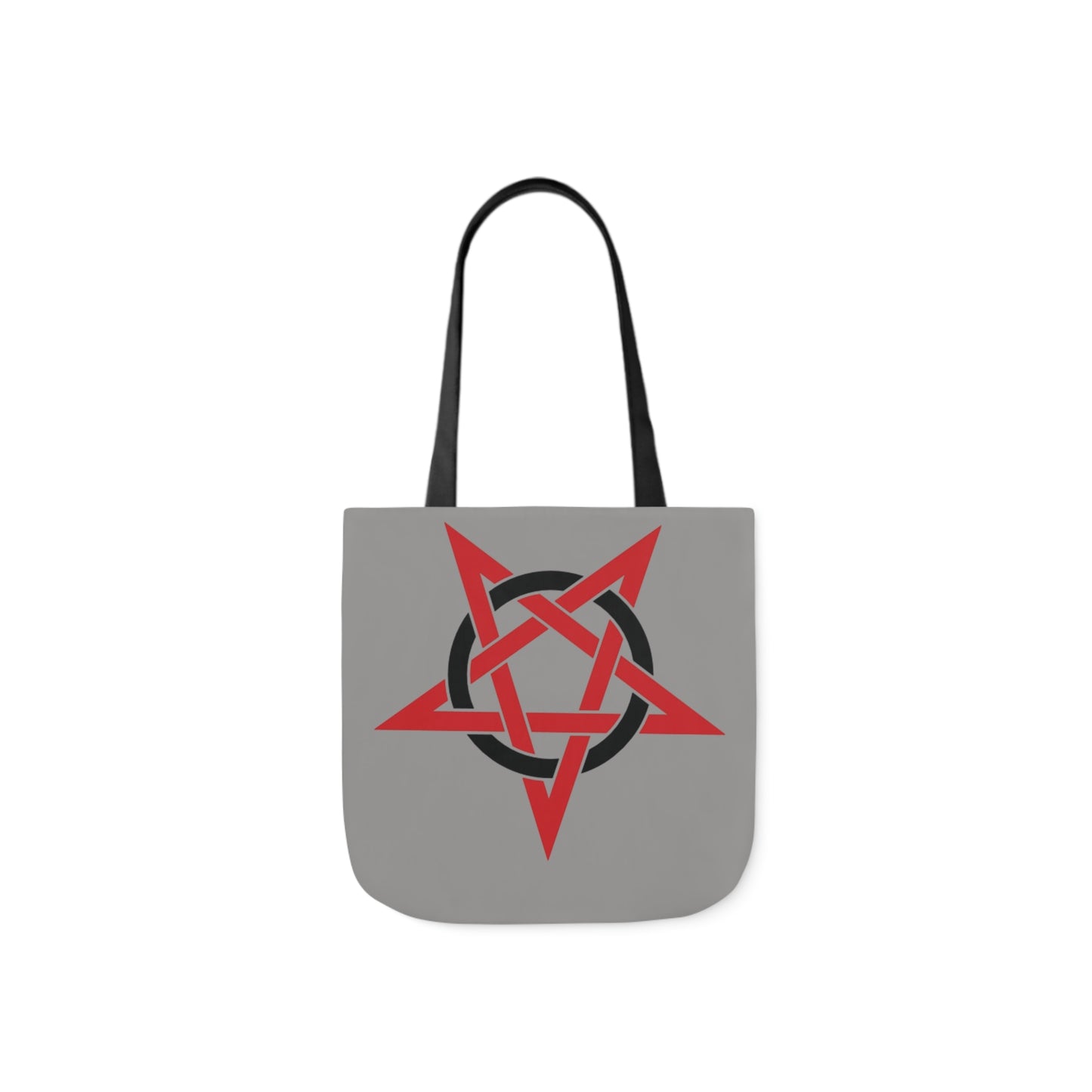 A canvas shoulder tote bag with a design of a red and black inverted pentagram on a light grey background.