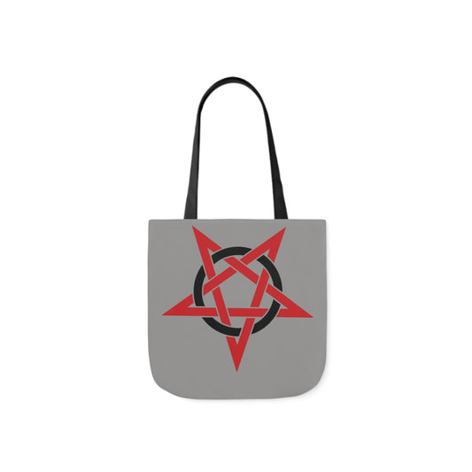 A canvas shoulder tote bag with a design of a red and black inverted pentagram on a light grey background.