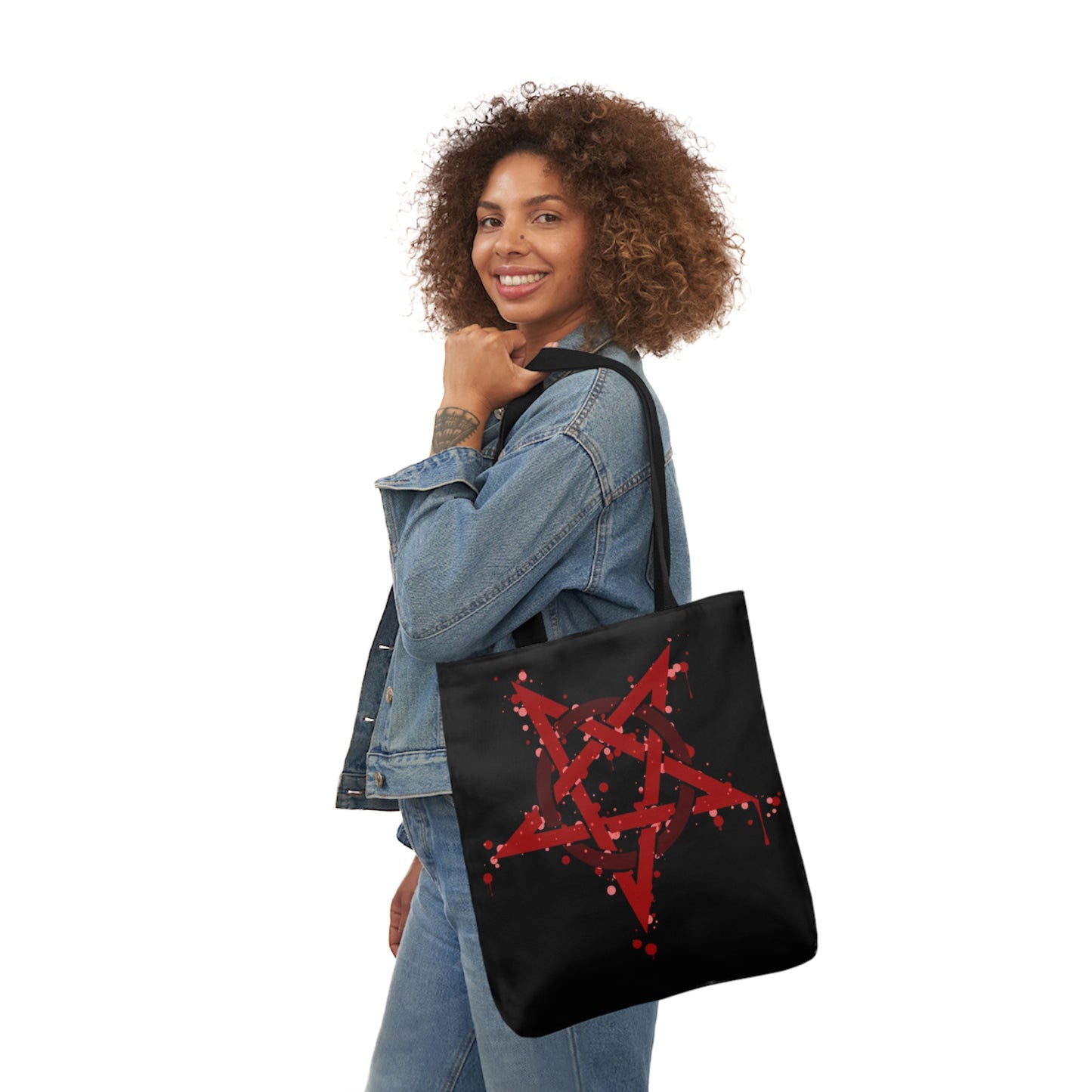 Red  Inverted Spotted Pentagram Shoulder Tote Bag