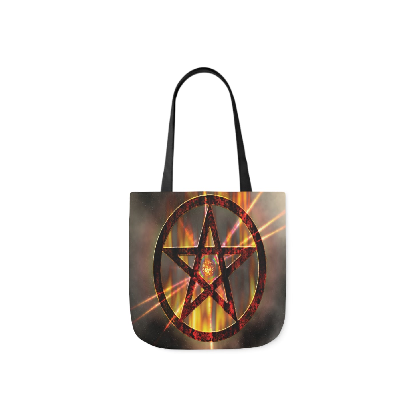 A canvas shoulder tote bag with a design of a magical burning pentagram in a circle.