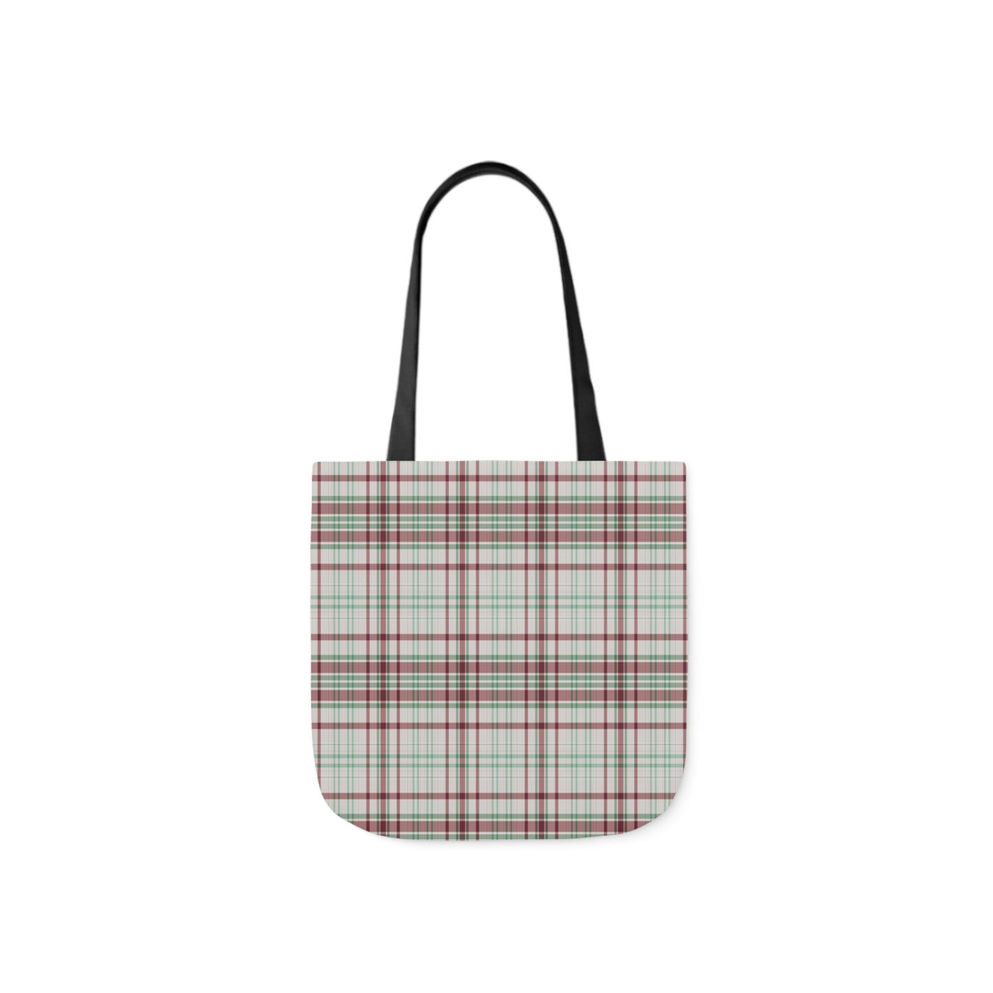 A canvas shoulder tote bag with a design of a brown and green plaid tartan pattern.