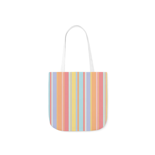 A canvas shoulder tote bag with a design of pastel rainbow stripes pattern.