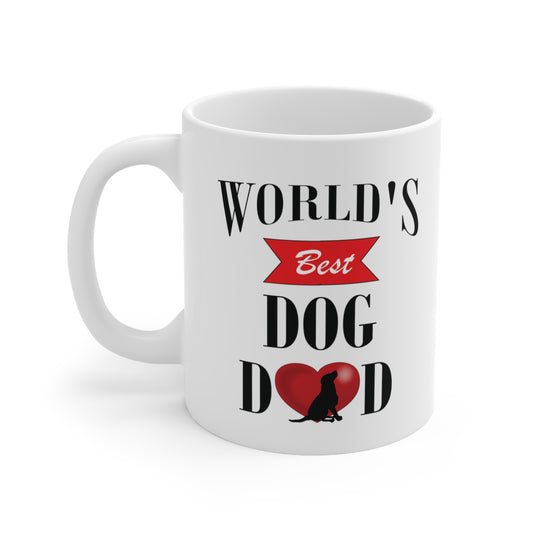 A white ceramic coffee mug with Father's Day quote: World's Best Dog Dad. The A in Dad has a red heart and a dog