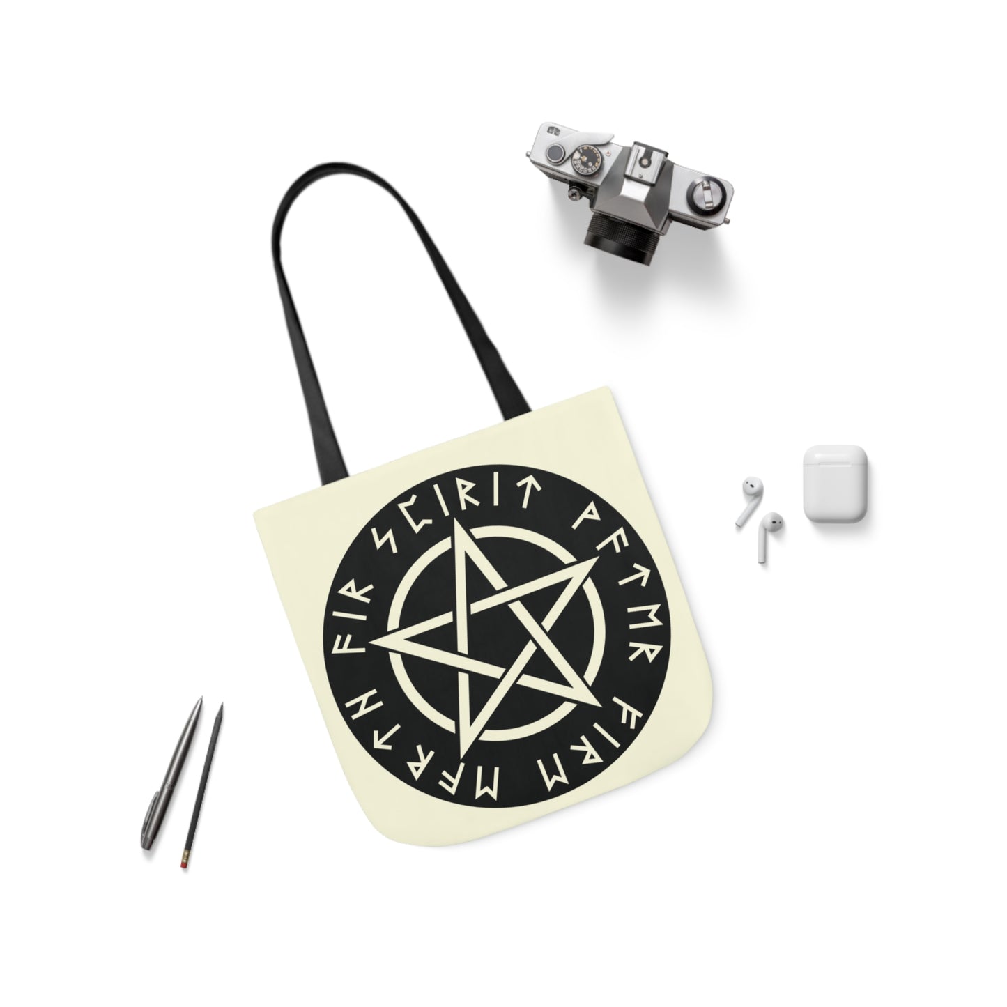 Wiccan Black Runic Pentagram Shoulder Tote Bag