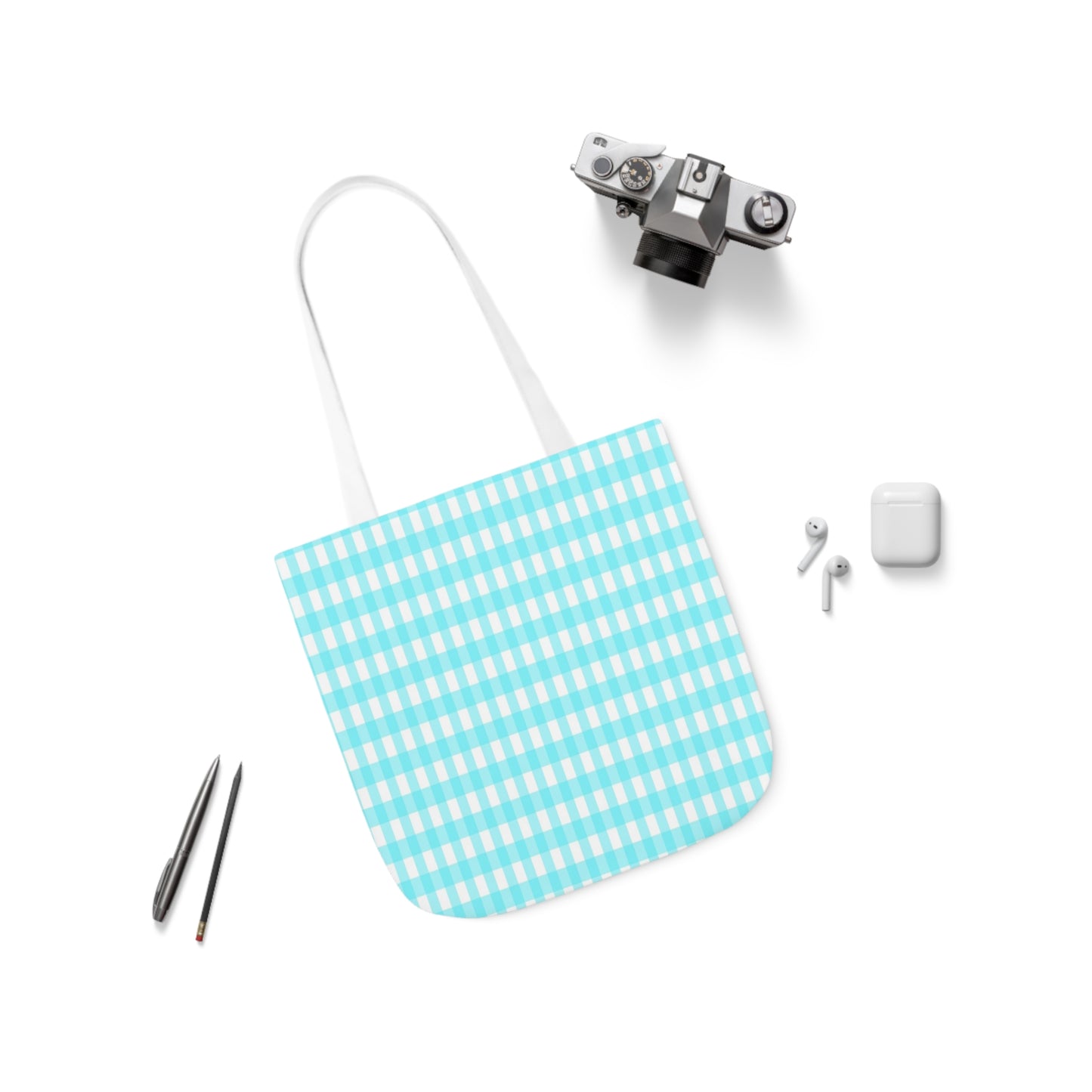 Aqua Blue and White Check Pattern Shoulder Tote Bag