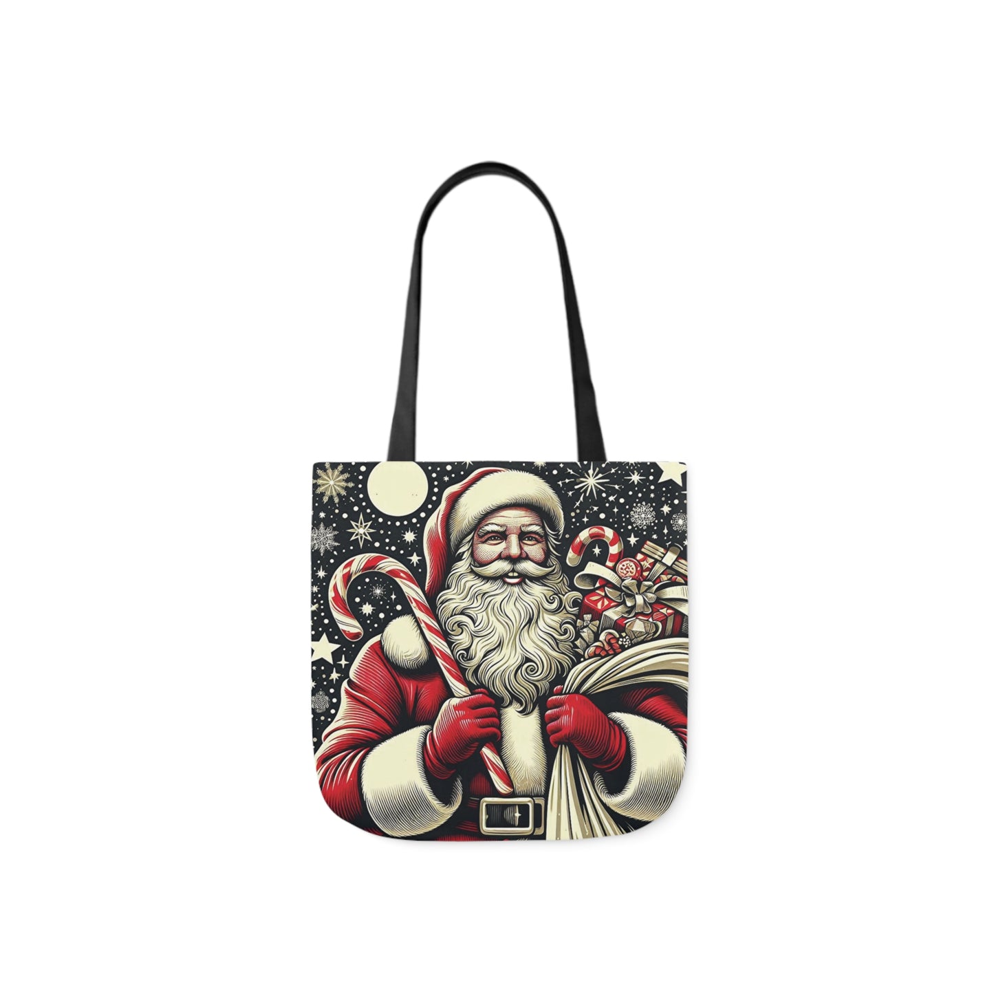 A canvas shoulder tote bag with a design of an illustration of Santa Claus delivering gifts on Christmas Eve.