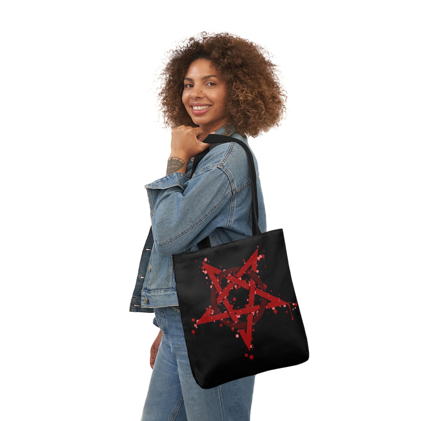 Red  Inverted Spotted Pentagram Shoulder Tote Bag