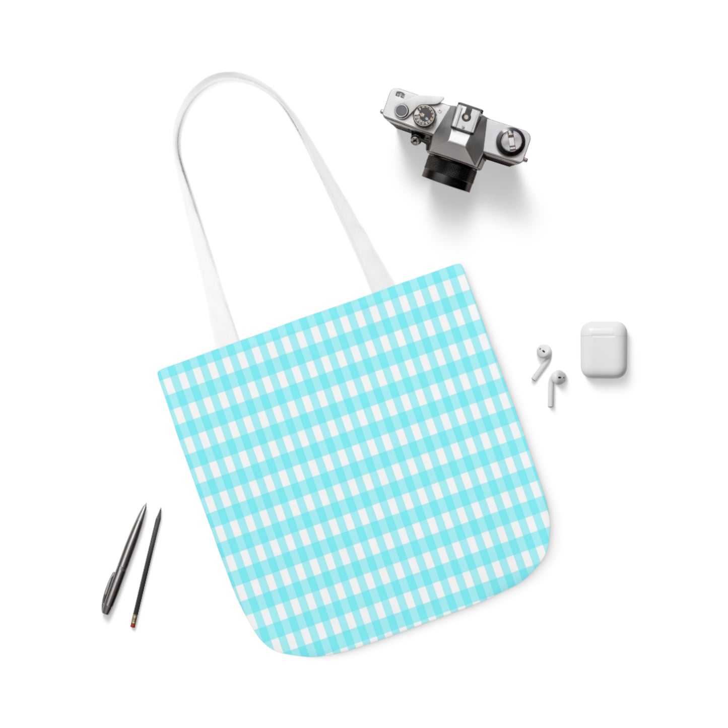 Aqua Blue and White Check Pattern Shoulder Tote Bag