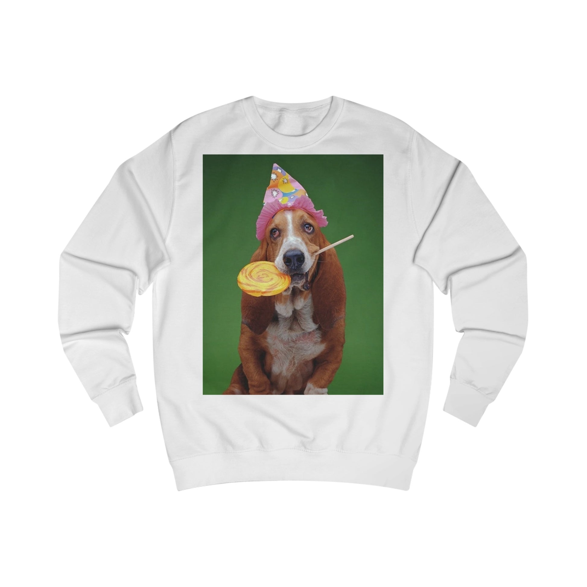 A white sweatshirt with a photo of a cute Basset hound dog wearing a party hat and holding a lollipop in her mouth