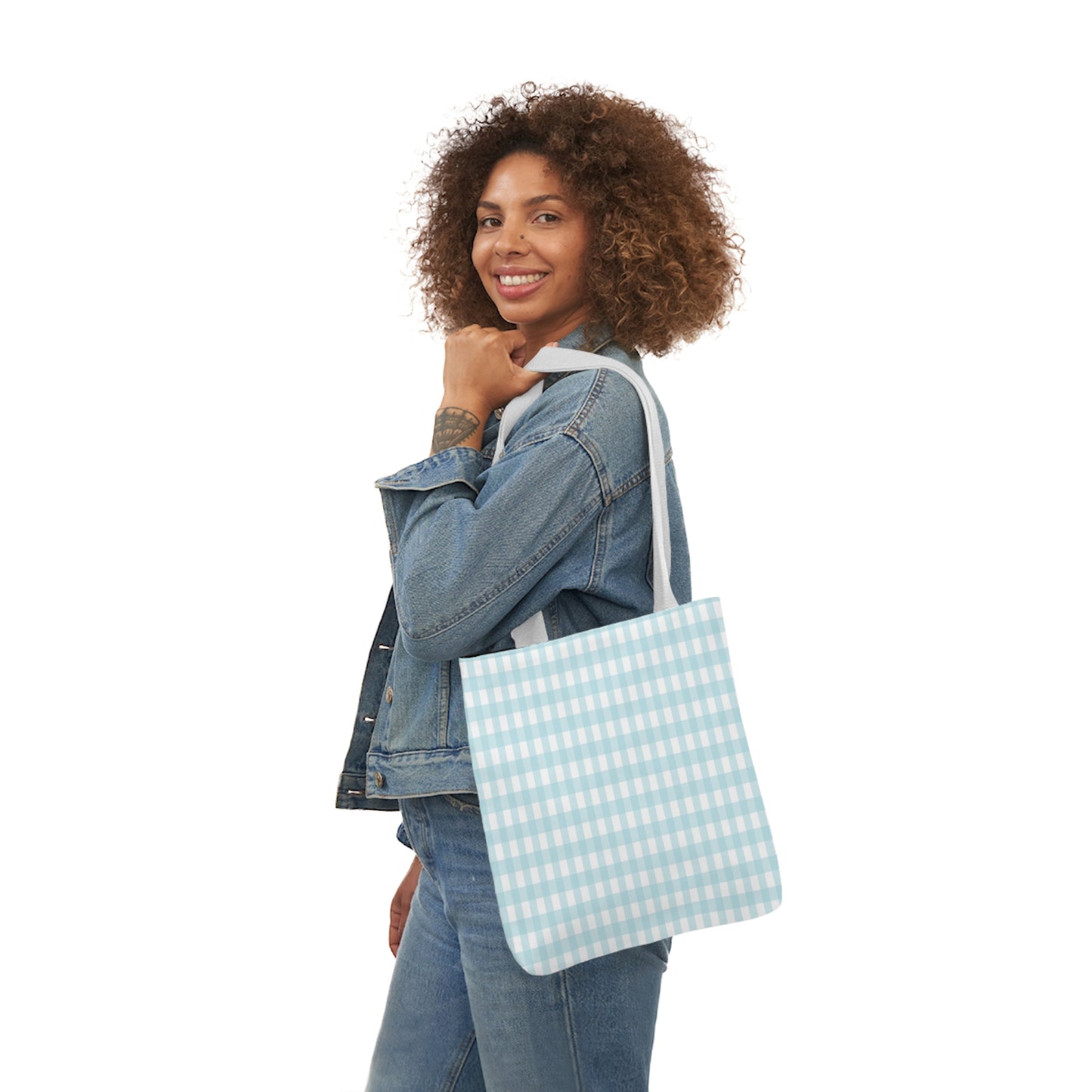 Baby Blue and White Check Pattern Shoulder Tote Bag