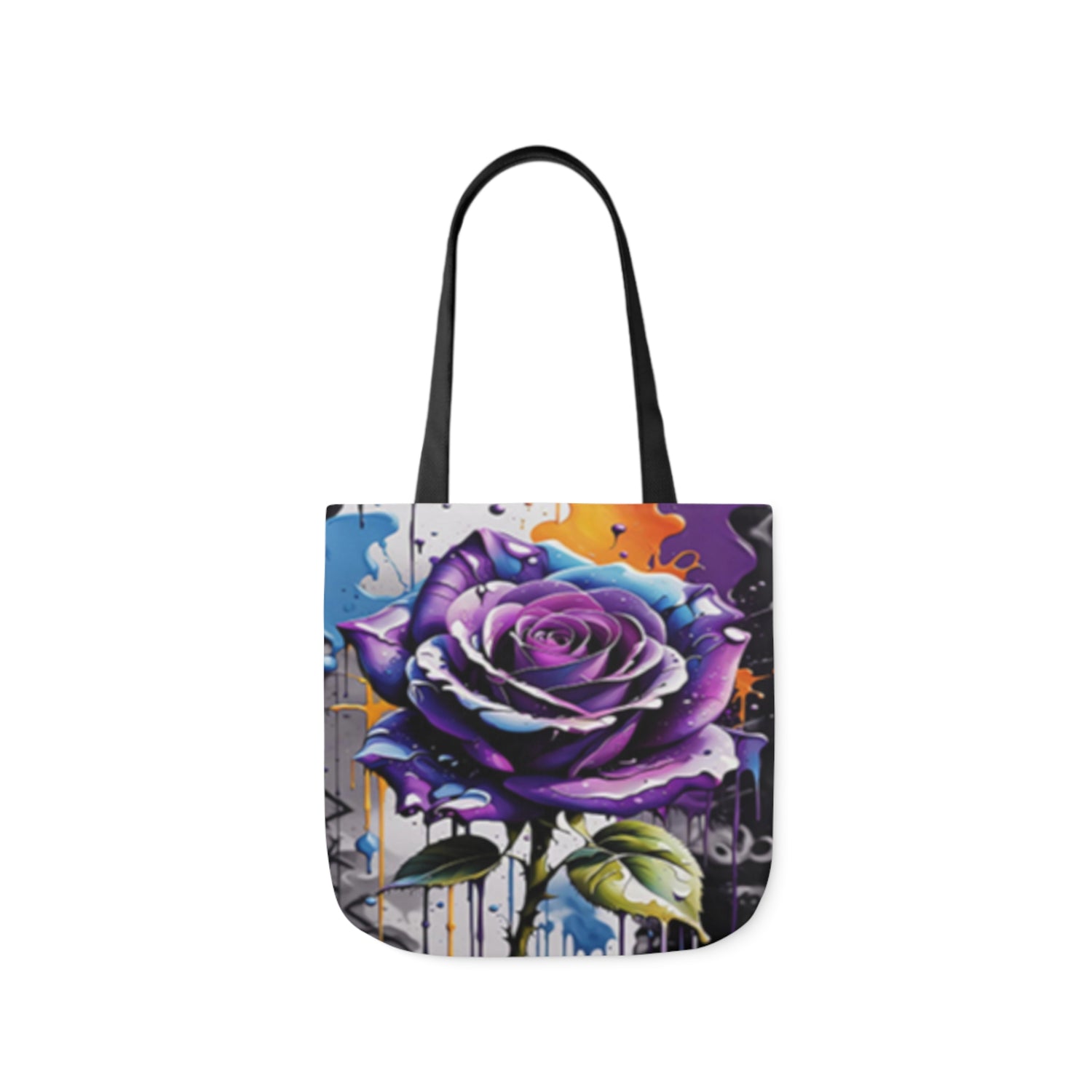 A canvas tote bag with a watercolour painting of a purple rose done in the style of wall graffiti.