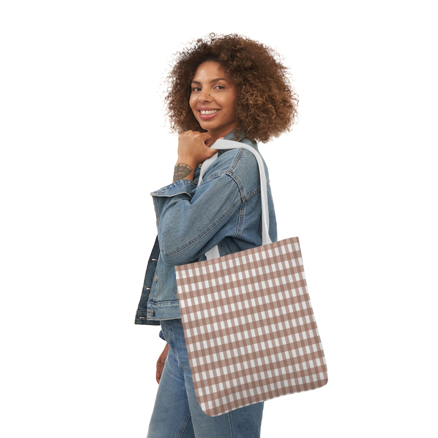 Mocha Brown Check Pattern Shoulder Tote Bag