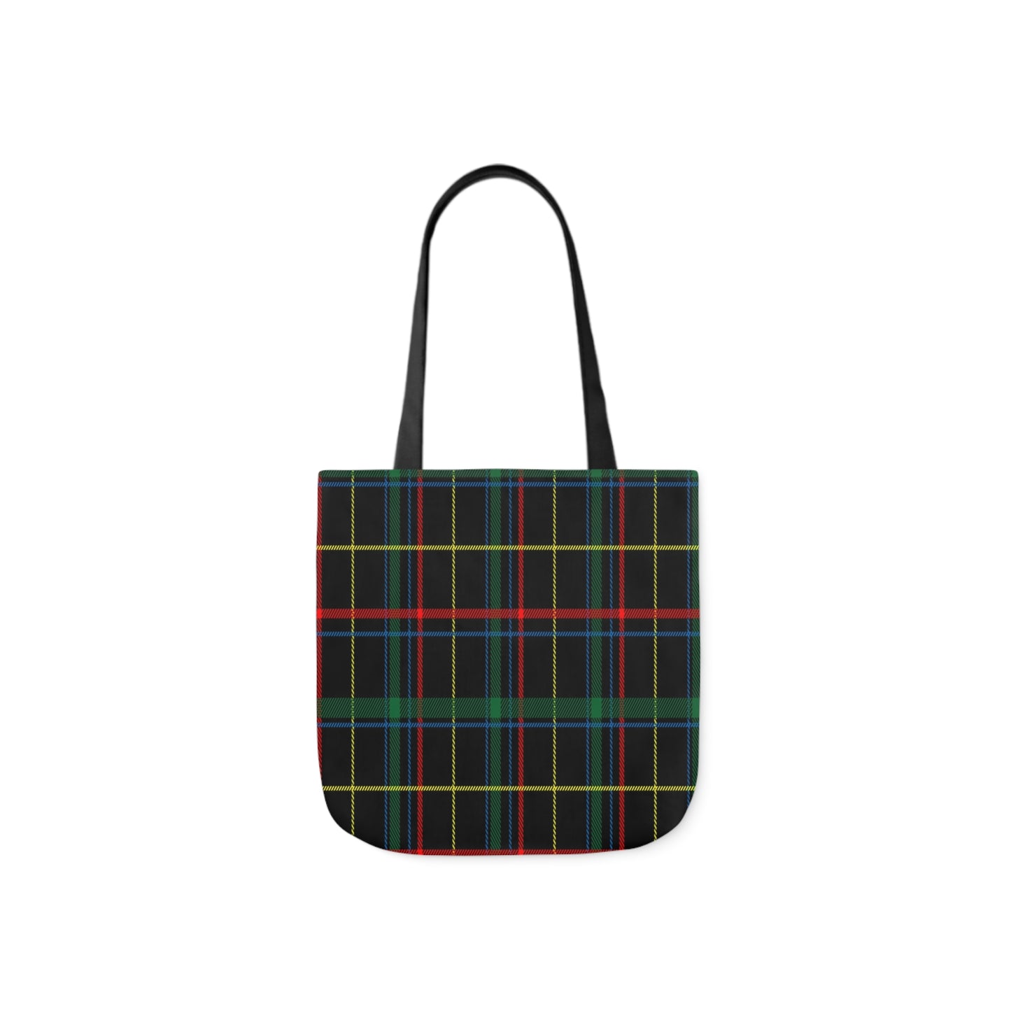 A canvas tote bag with a tartan pattern. The handles are black