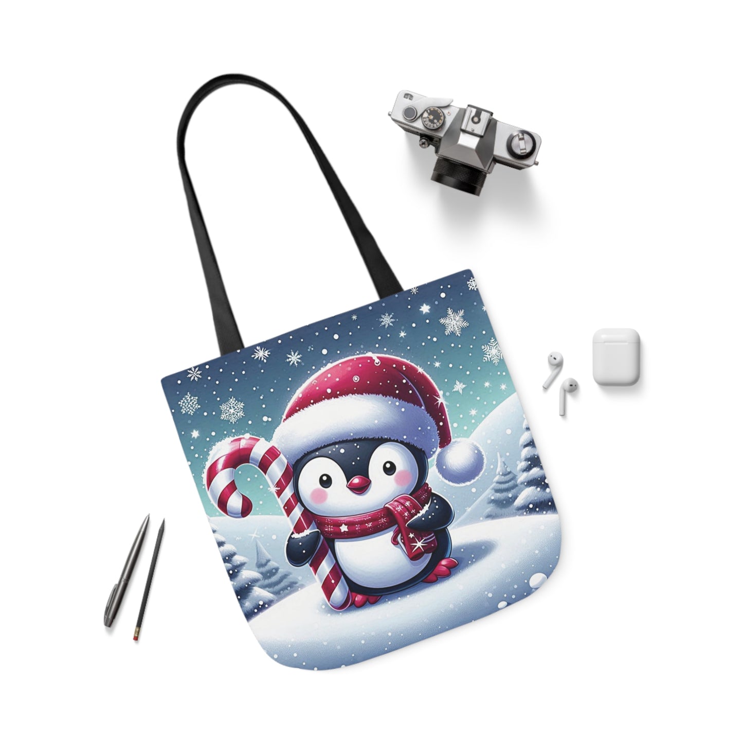 Christmas Candy Cane Penguin Shoulder Tote Bag