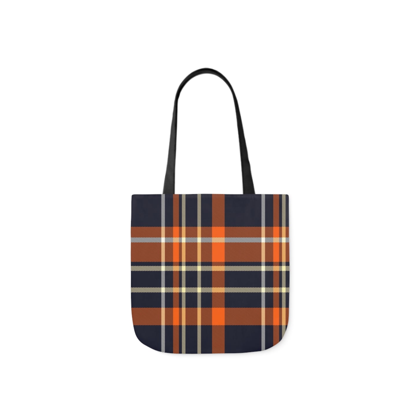 A canvas shoulder tote bag with a design of a dark navy blue, orange and white tartan pattern.