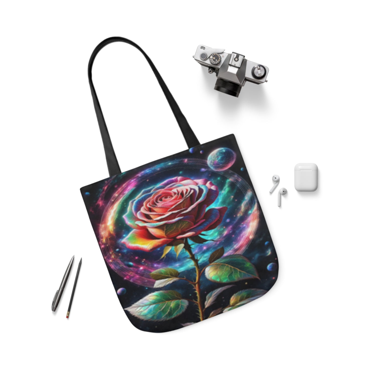 Rainbow Rose Cosmic Space Flower  Shoulder Tote Bag