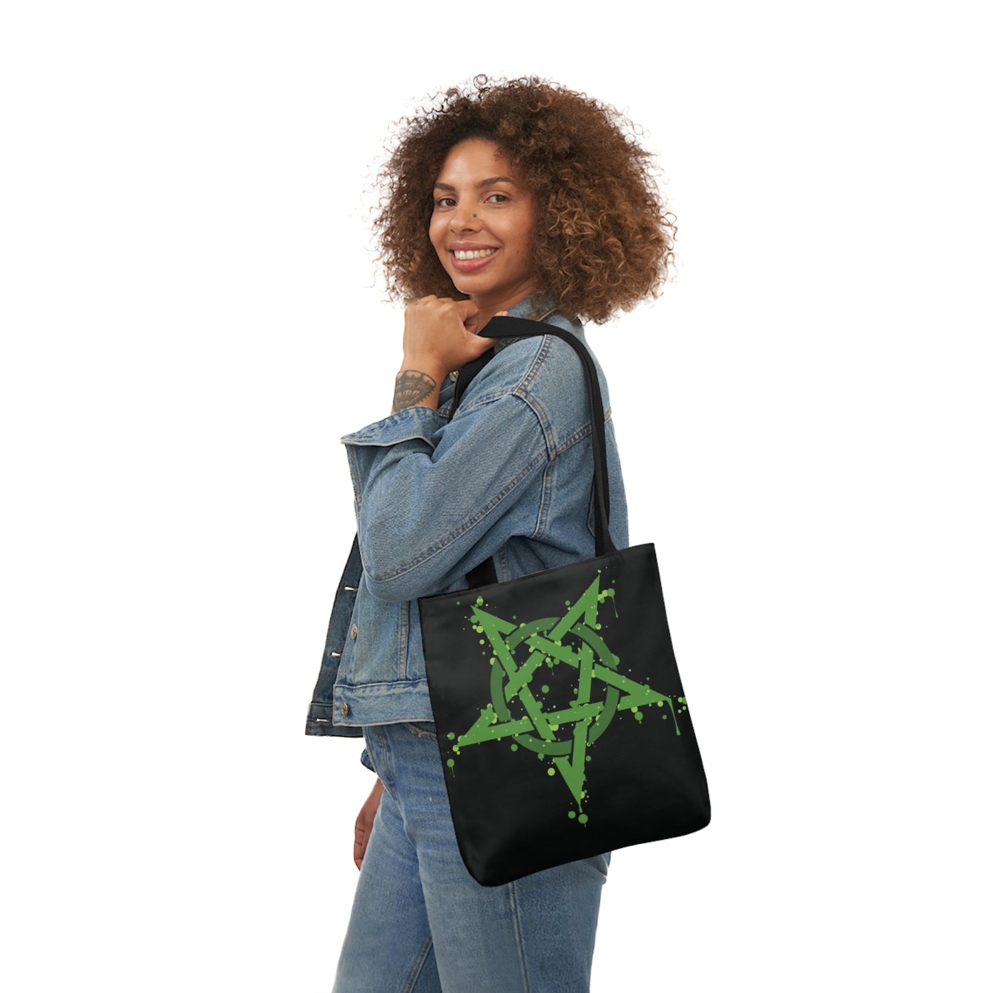 Green Inverted Spotted Pentagram Shoulder Tote Bag