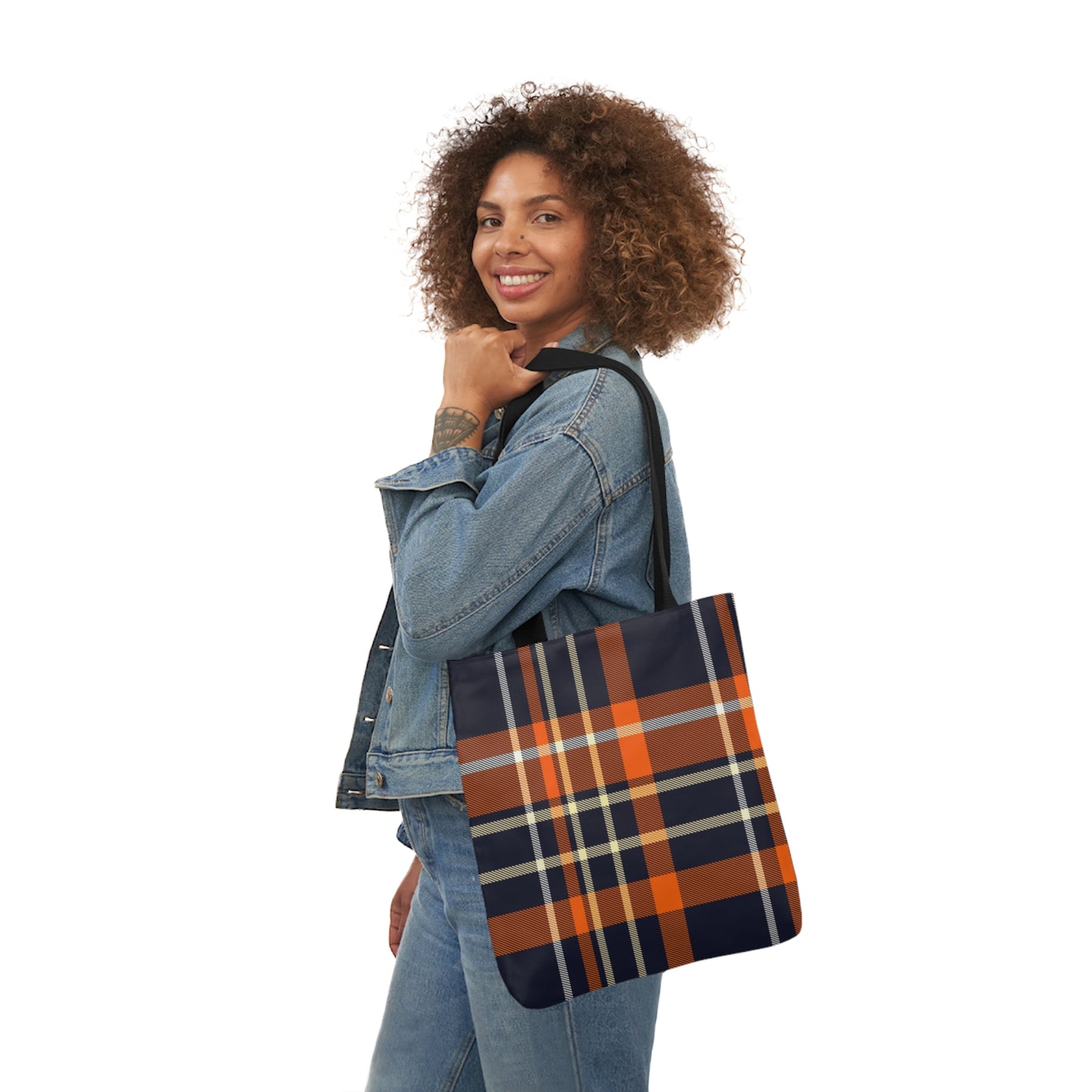 Navy Blue And Orange Tartan Pattern Shoulder Tote Bag