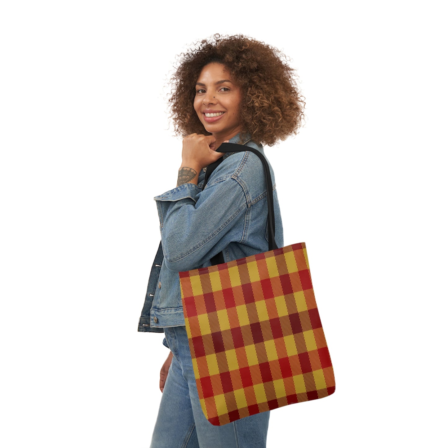 Red And Yellow Tartan Check Shoulder Tote Bag