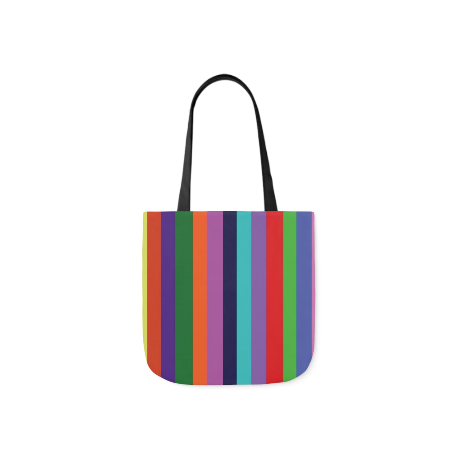 A canvas shoulder tote bag with a design of rainbow stripes pattern.