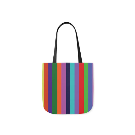 A canvas shoulder tote bag with a design of rainbow stripes pattern.