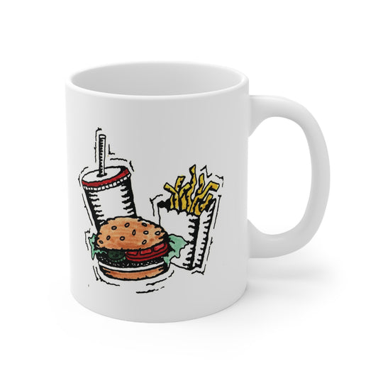 A white ceramic coffee mug with a design of fast food. A burger, fries and a drink drawn in a unique and exciting way.