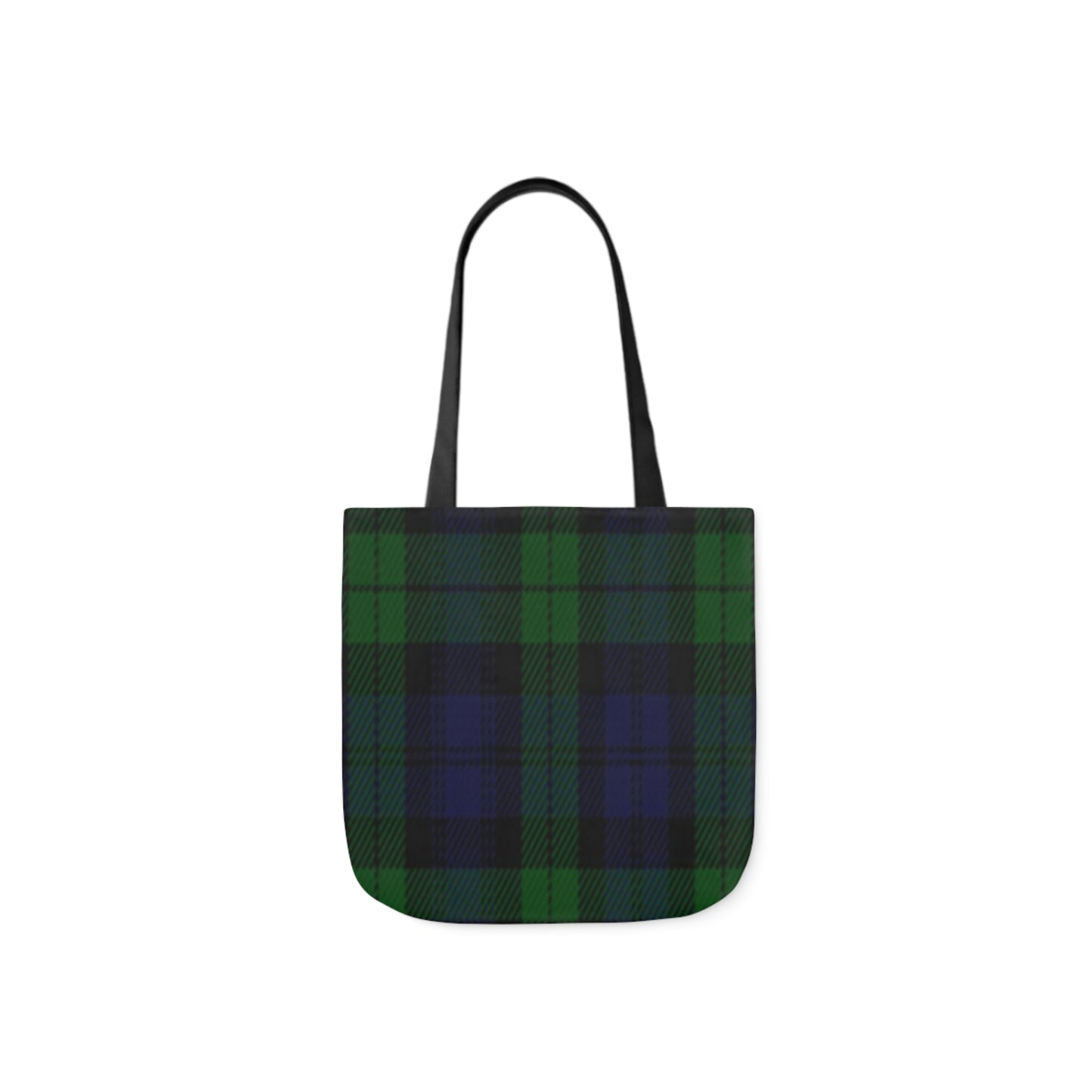 A canvas tote bag with a dark blue and green Scottish Sunderland tartan pattern and black handles.