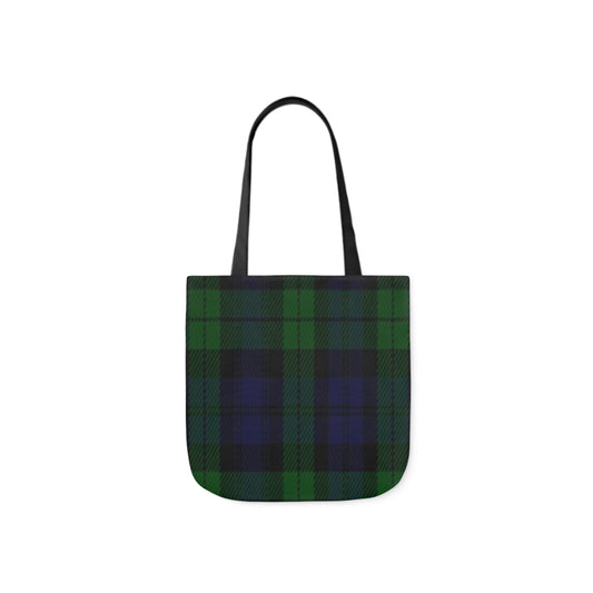 A canvas tote bag with a dark blue and green Scottish Sunderland tartan pattern and black handles.