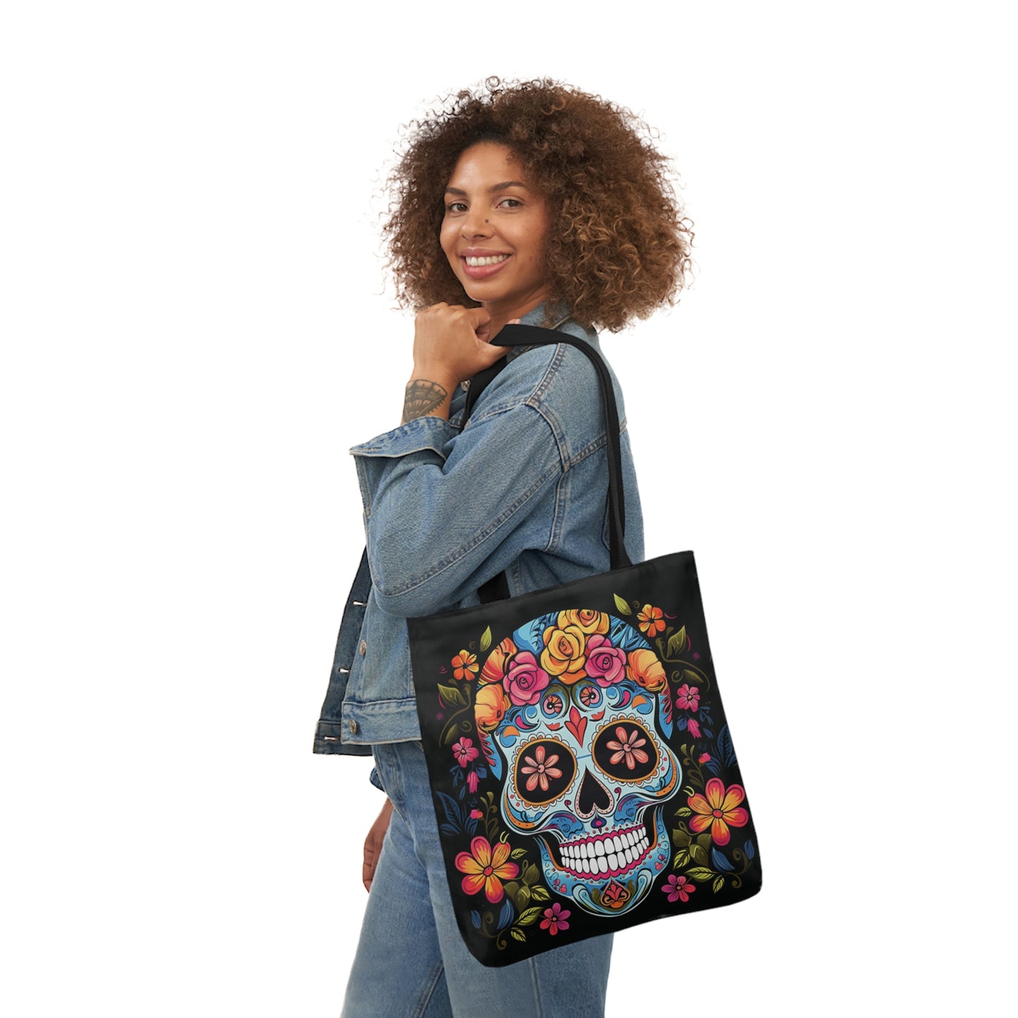 Blue Sugar Skull With Bright Flowers Shoulder Tote Bag