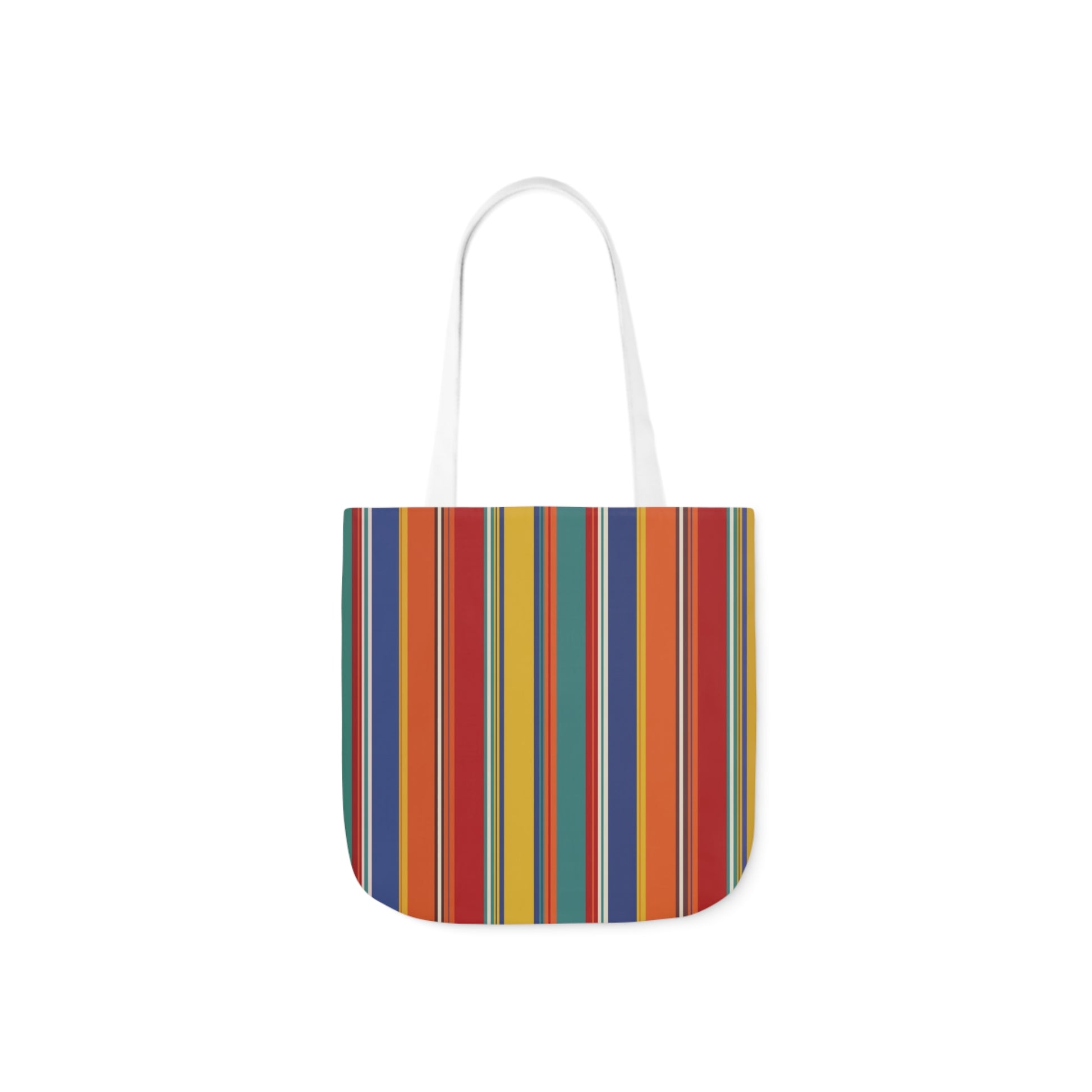 A canvas shoulder tote bag with a design of rainbow stripes pattern.