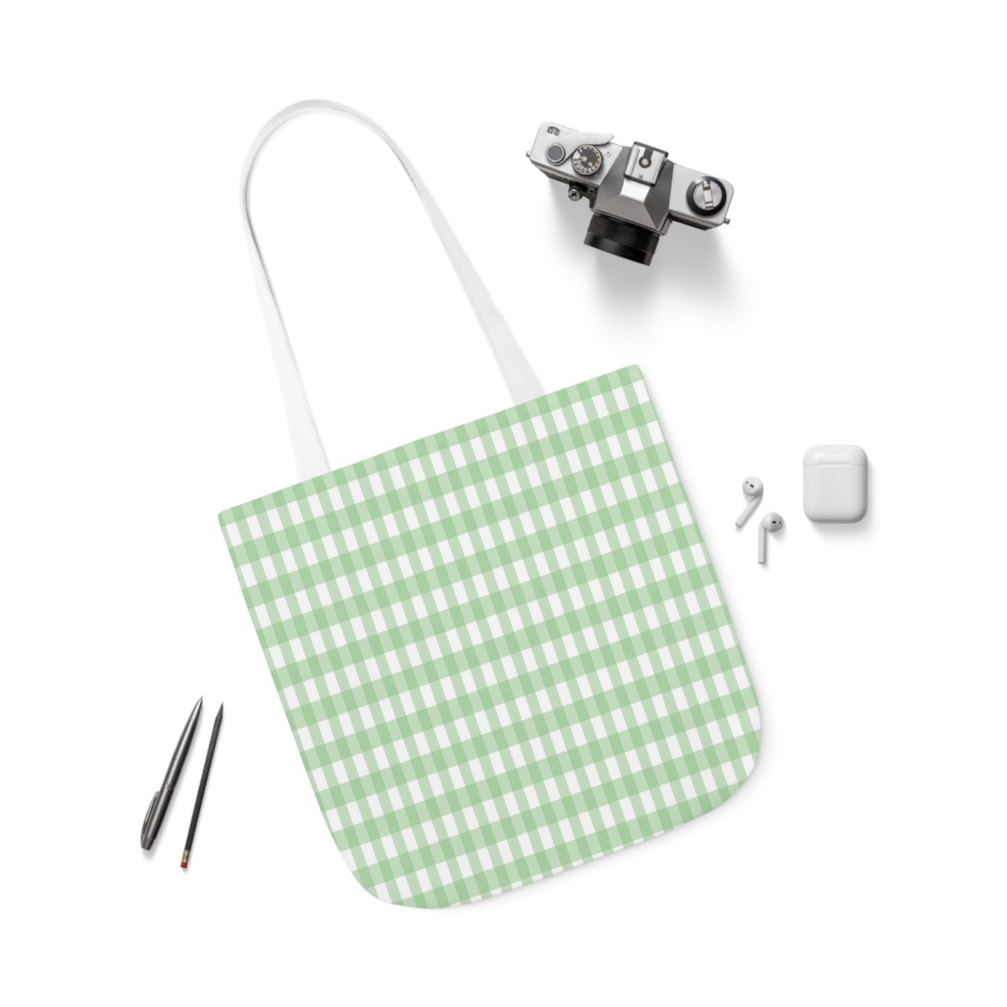 Mint Green Check Pattern Shoulder Tote Bag