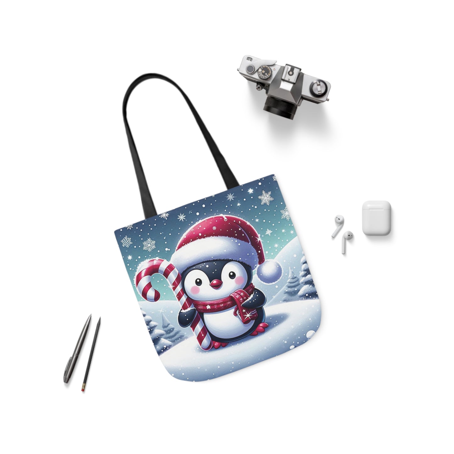 Christmas Candy Cane Penguin Shoulder Tote Bag