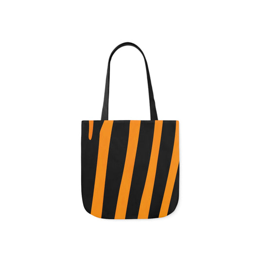 A canvas shoulder tote bag with a design of orange tiger stripes print