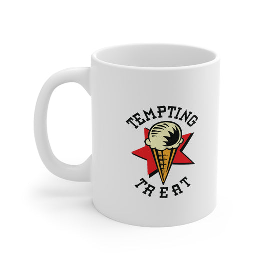 A white ceramic coffee mug with a design of vanilla ice cream on a red star with the quote: Tempting Treat