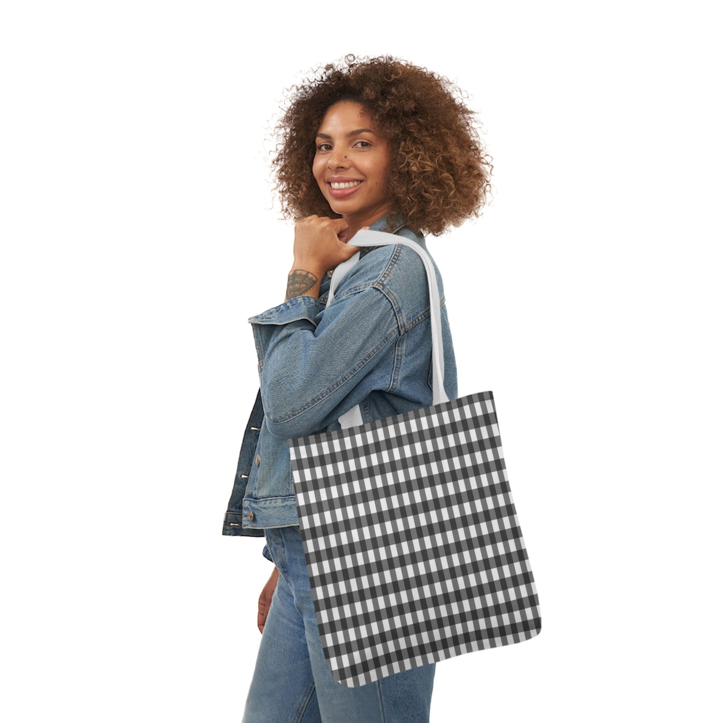 Grey And White Gingham Check Pattern Shoulder Tote Bag