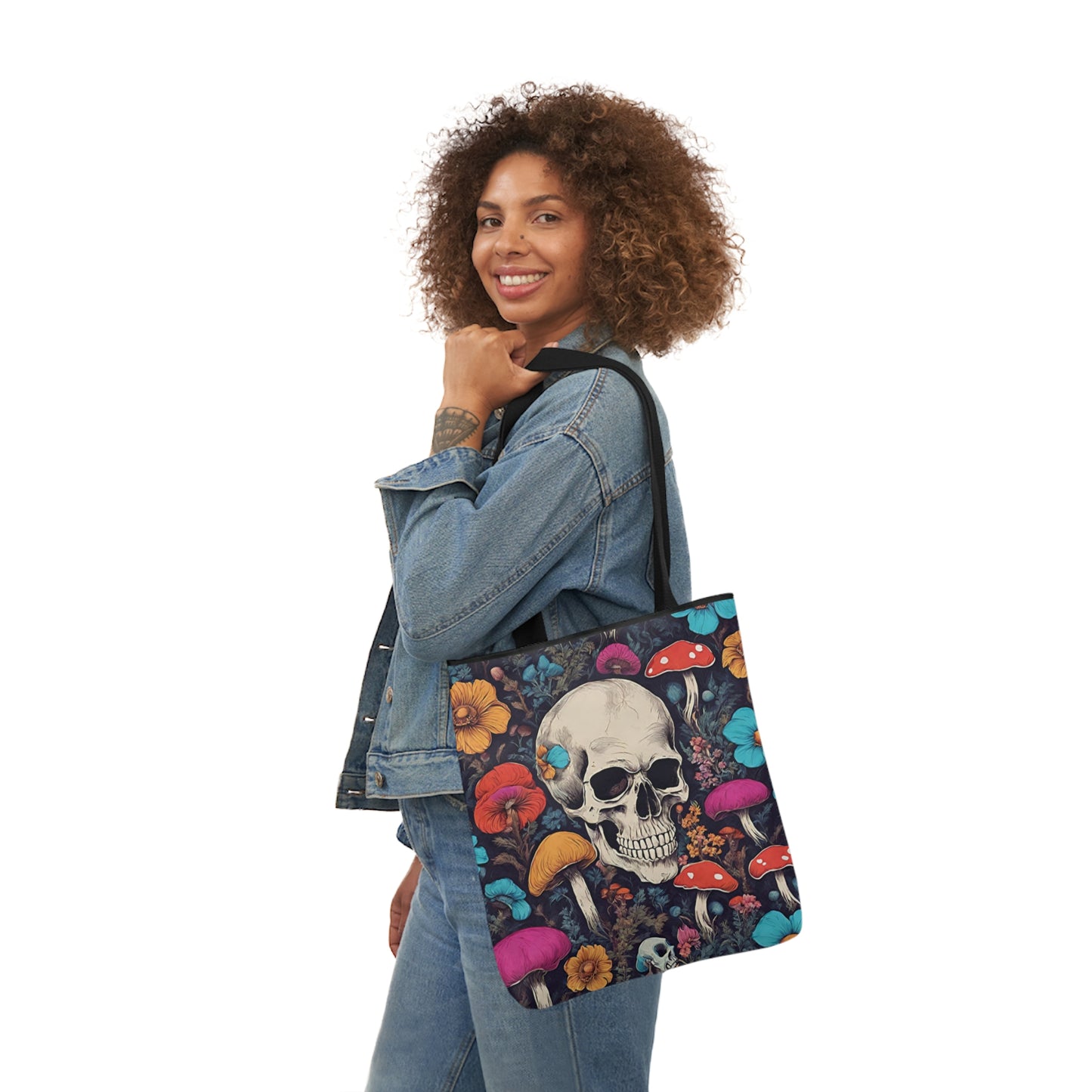 Skull With Magic Toadstools And Flowers Shoulder Tote Bag