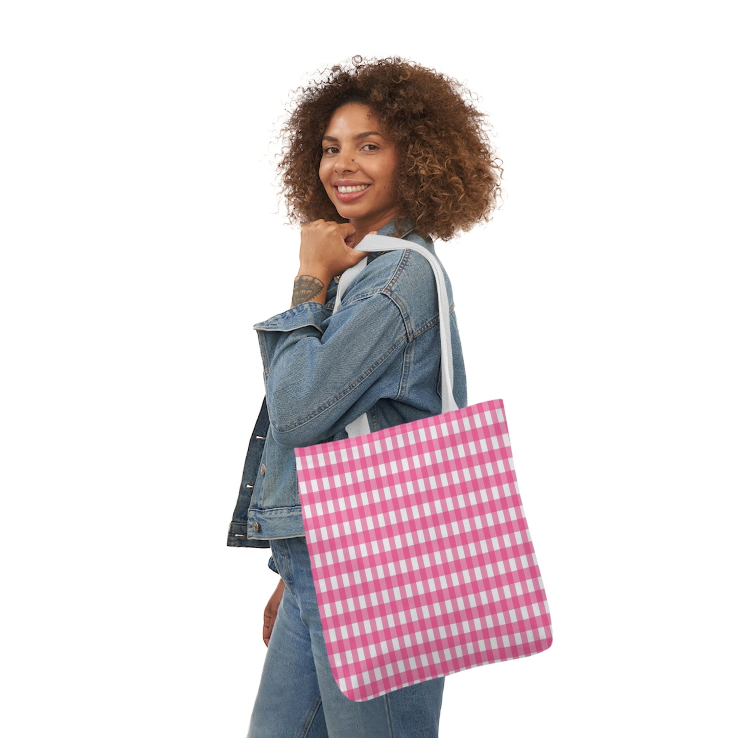 Pink Check Pattern Shoulder Tote Bag