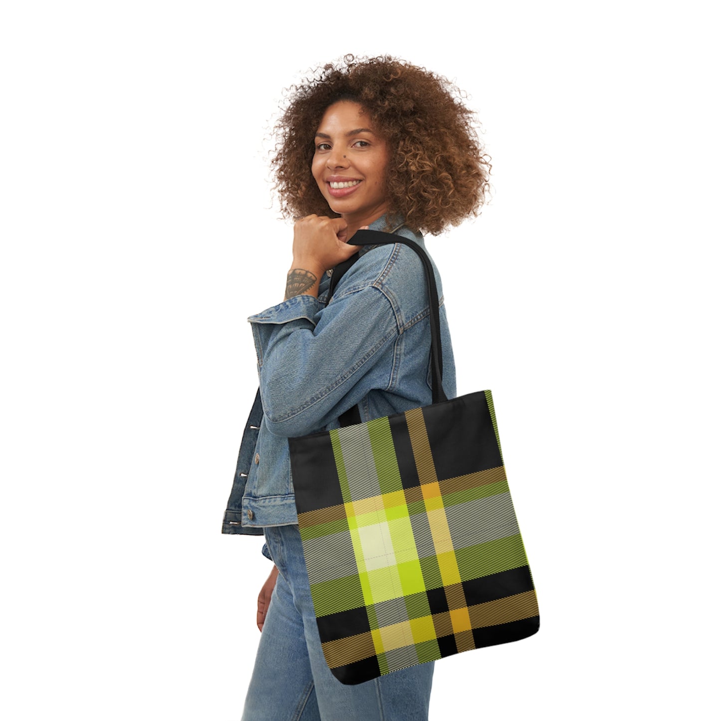 Black And Yellow Tartan Pattern Shoulder Tote Bag