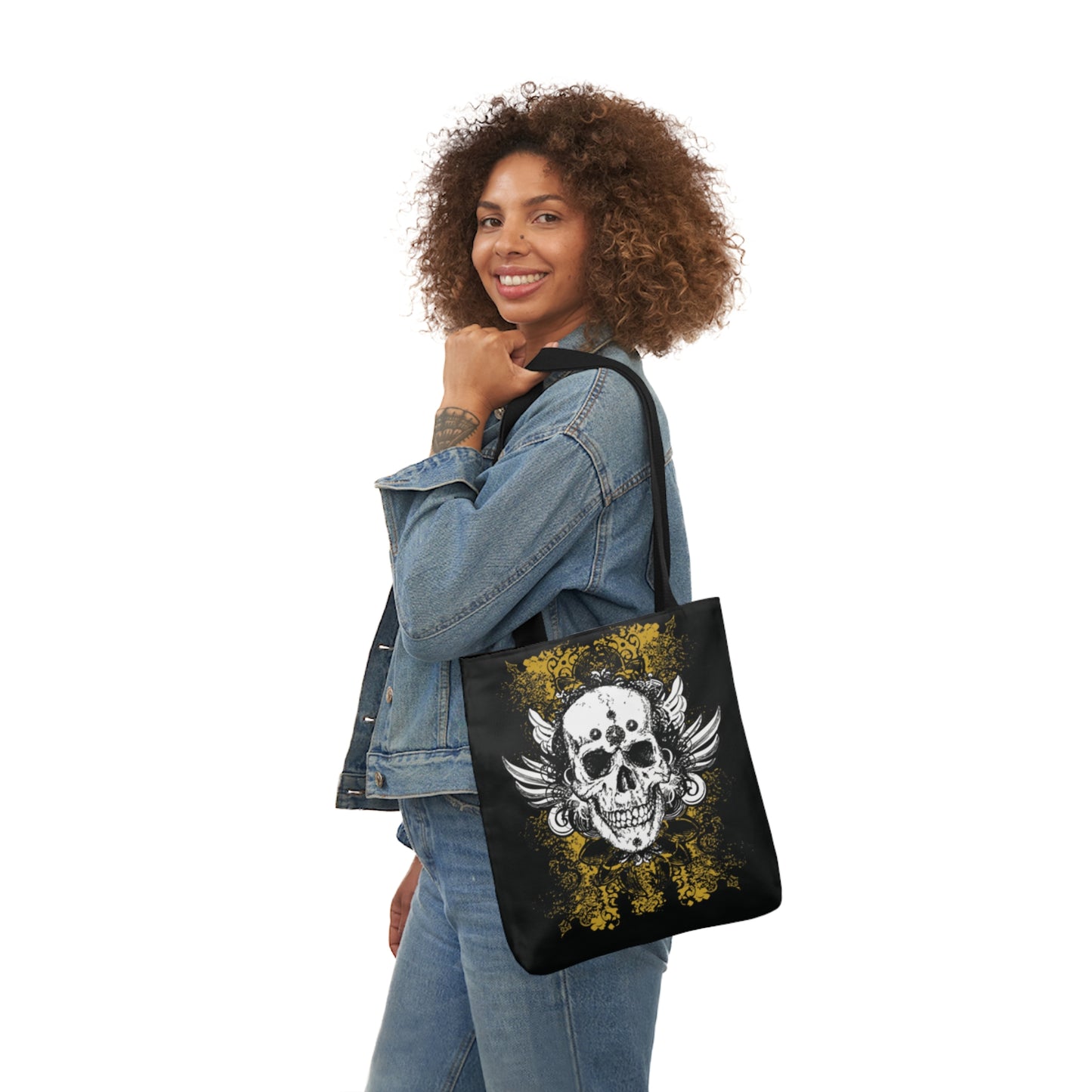 Vintage Grunge Skull Wings Yellow Lace Graffiti Shoulder Tote Bag