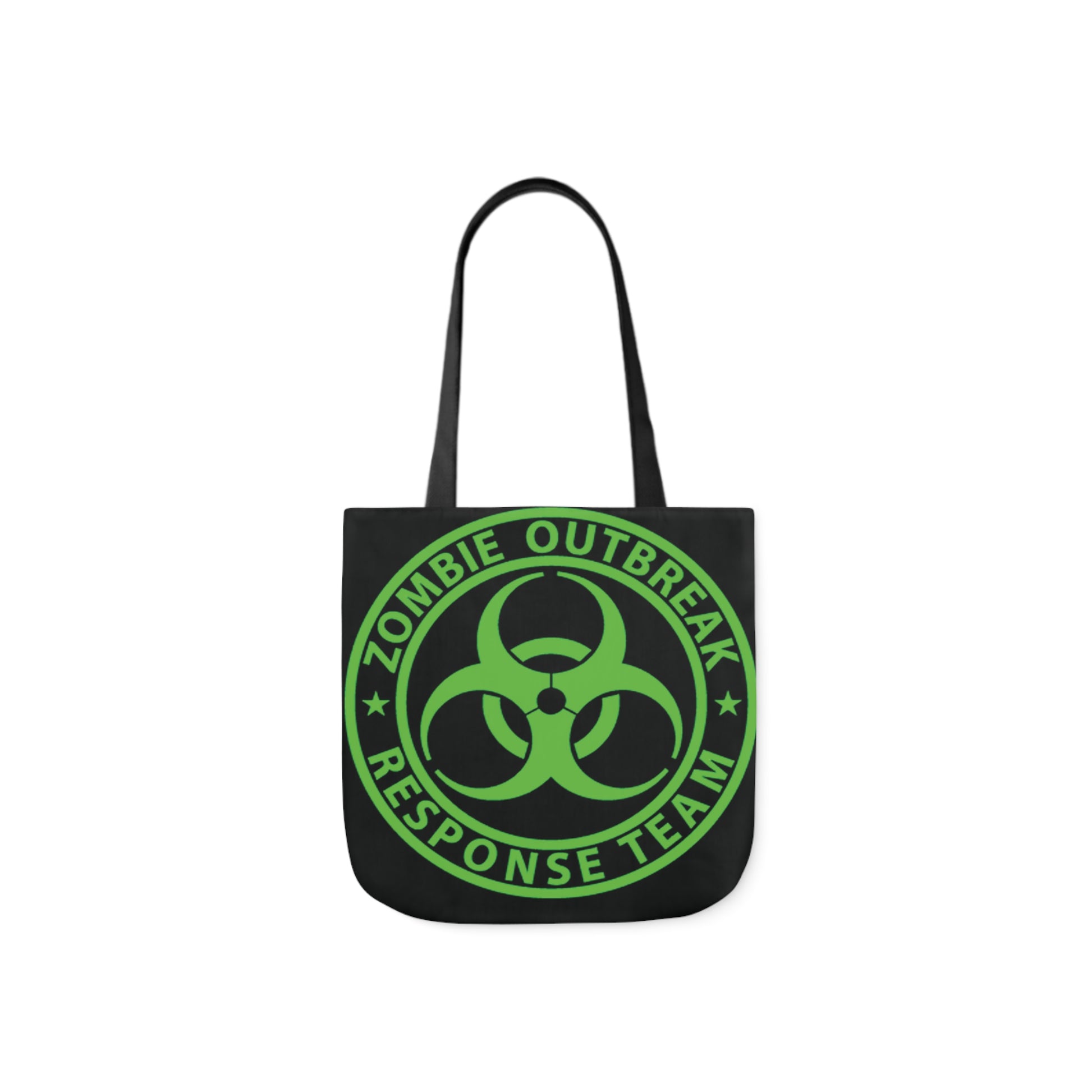 A canvas shoulder tote bag with a design of a sigh saying: Zombie Outbreak Response Team.