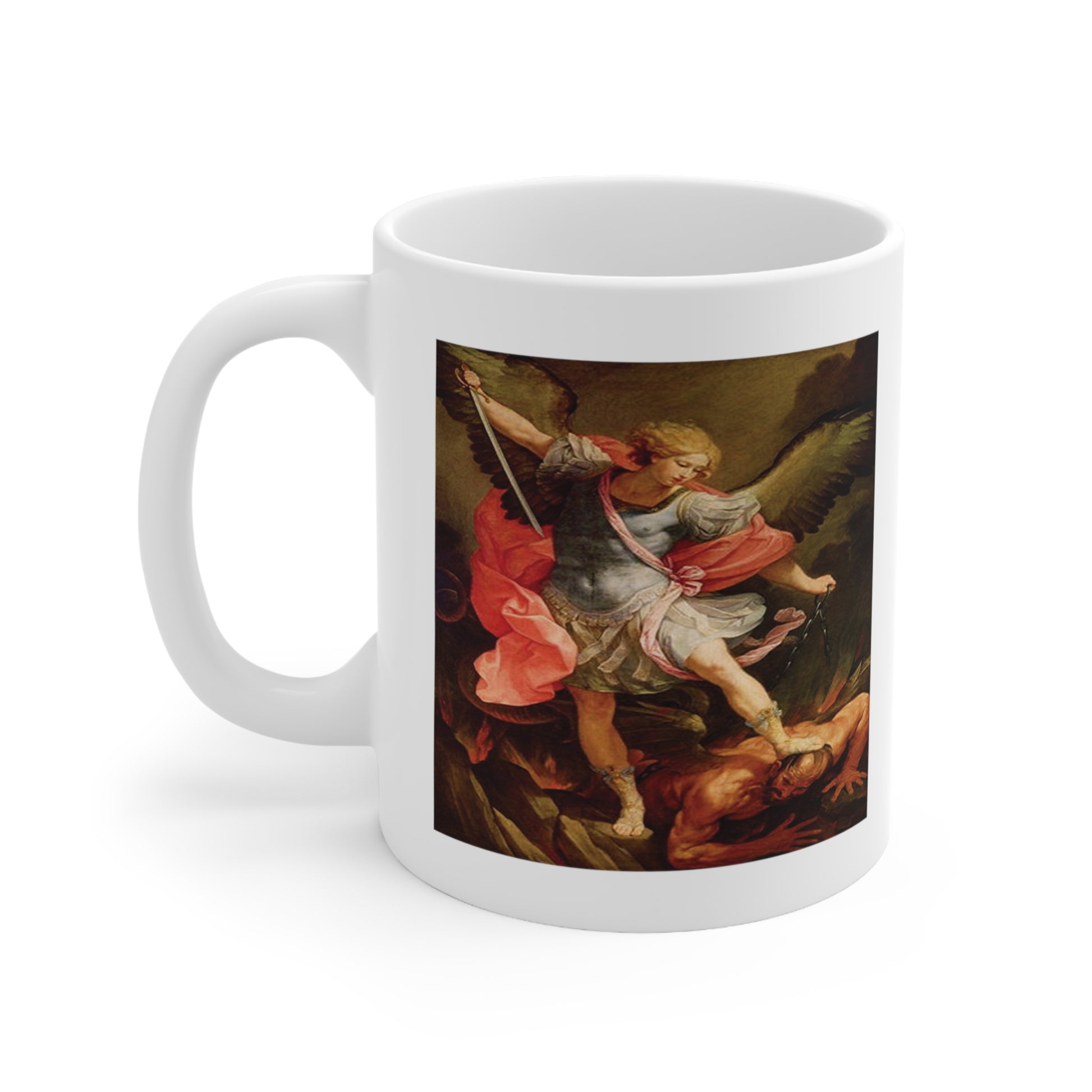 A white ceramic coffee mug with a design of Archangel Michael defeating Satan.