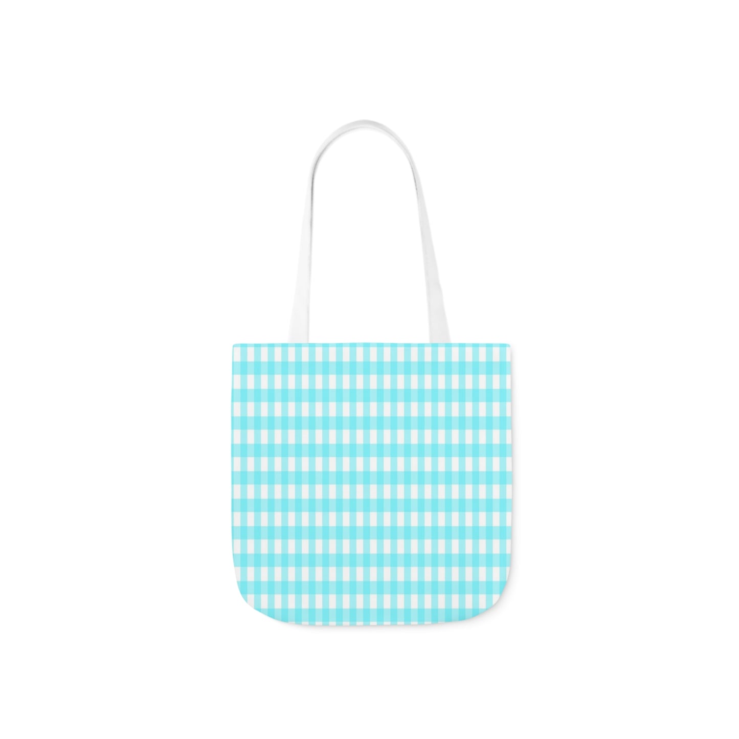 A canvas shoulder tote bag with a design of aqua blue and white gingham check pattern.