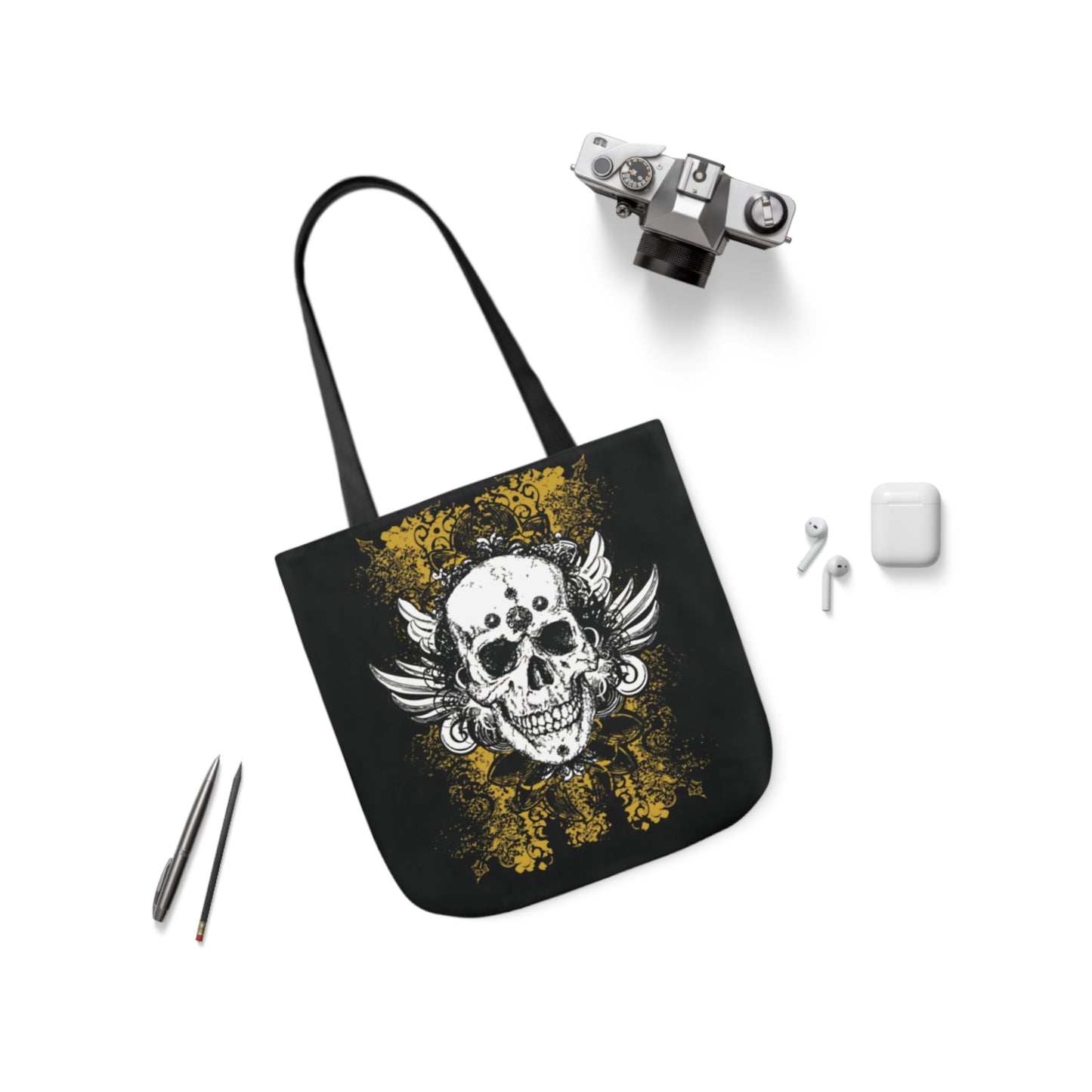 Vintage Grunge Skull Wings Yellow Lace Graffiti Shoulder Tote Bag