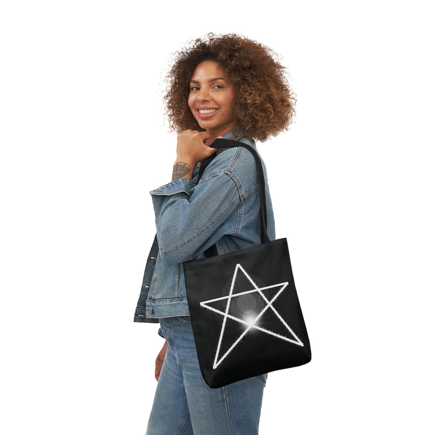 White Pentagram Witches Pentacle Black Shoulder Tote Bag