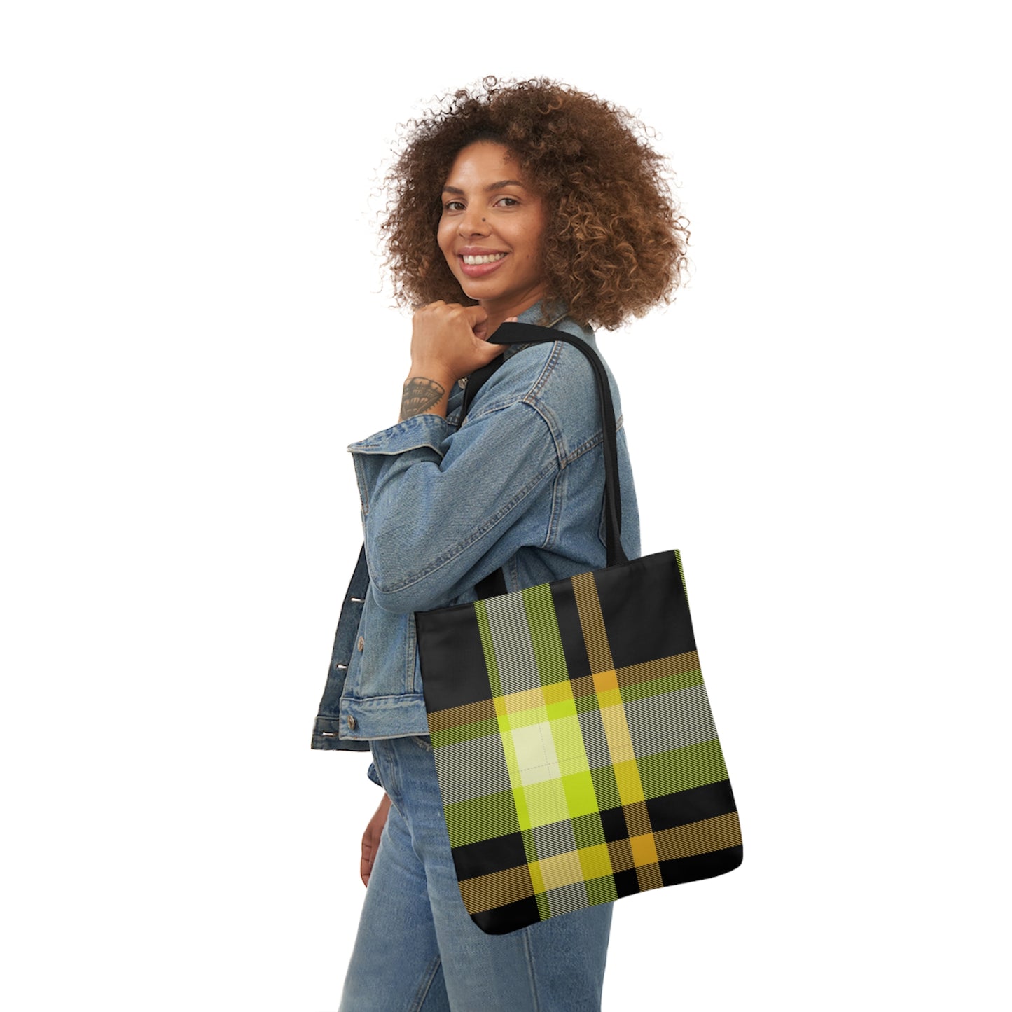 Black And Yellow Tartan Pattern Shoulder Tote Bag